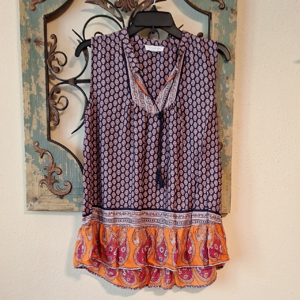Beachlunchlounge Orange and Blue Relaxed Bib Collar Blouse. Size SMALL - Picture 4 of 9